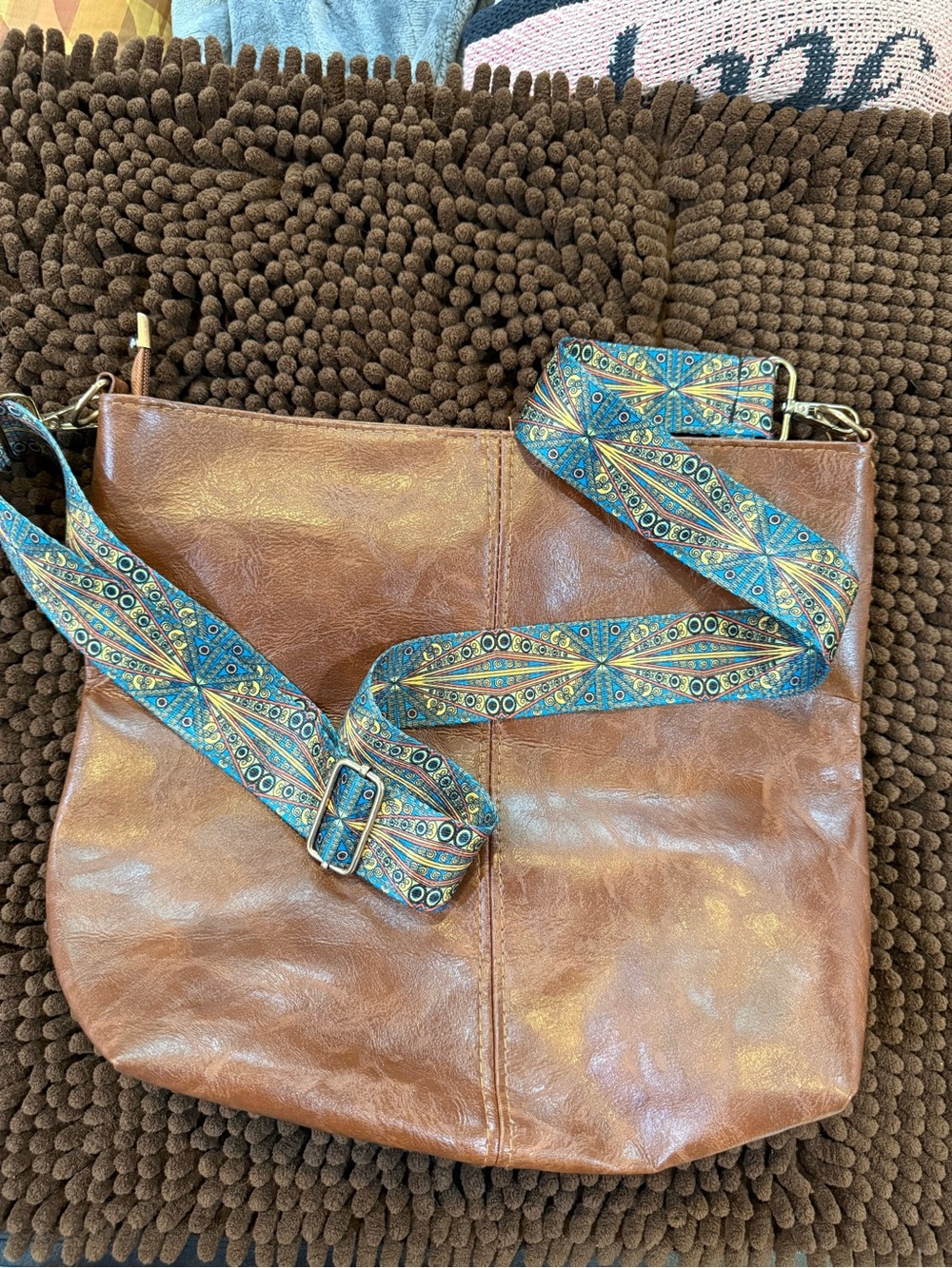 Leather Crossbody Bag with Decorative Adjustable Strap - Brown